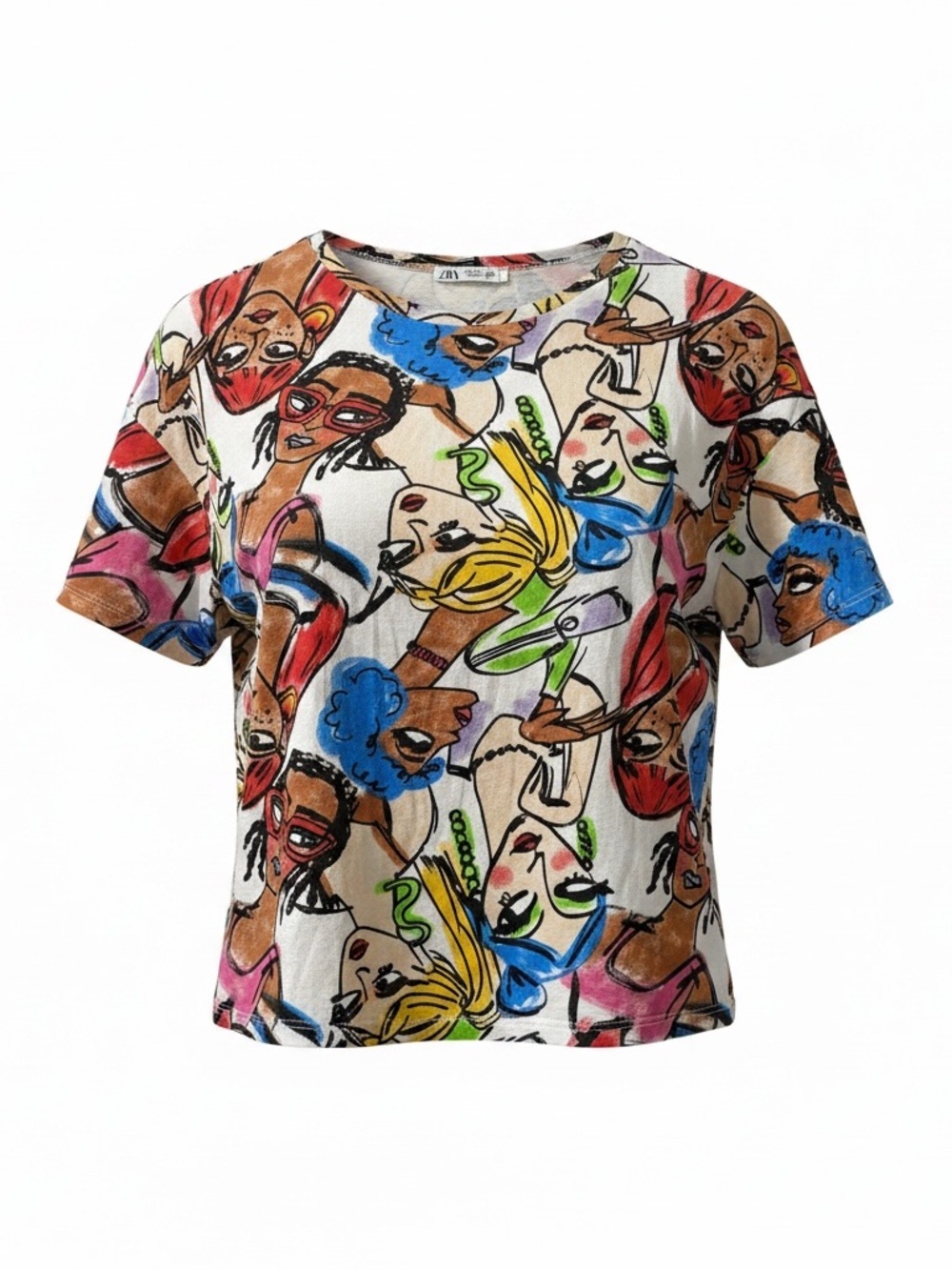 Zara Multi-Color Pop Art Faces Short Sleeve Top Cropped Size Large